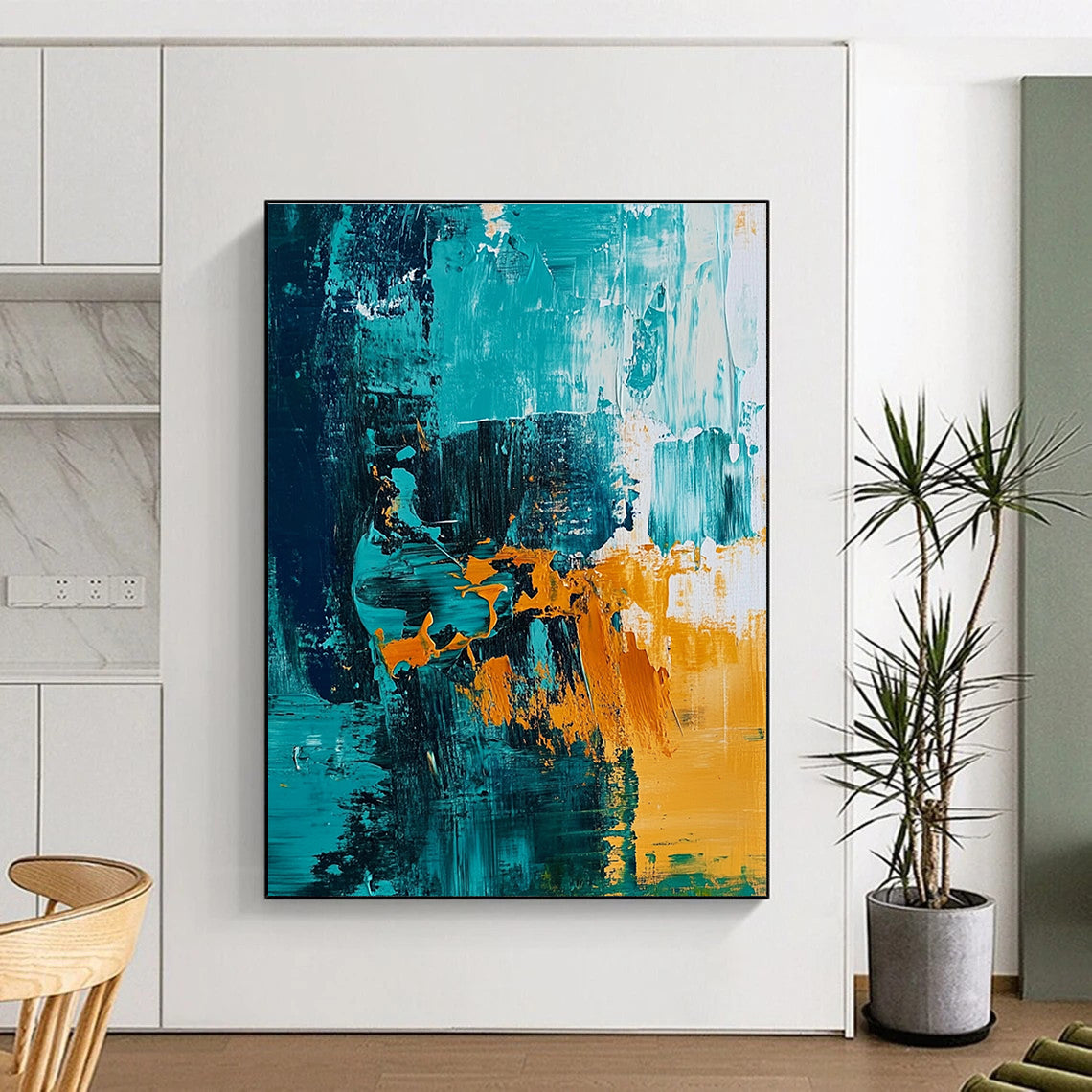 Large abstract painting of the ocean featuring teal and amber hues with expressive brush strokes for vibrant wall decor.STSC704