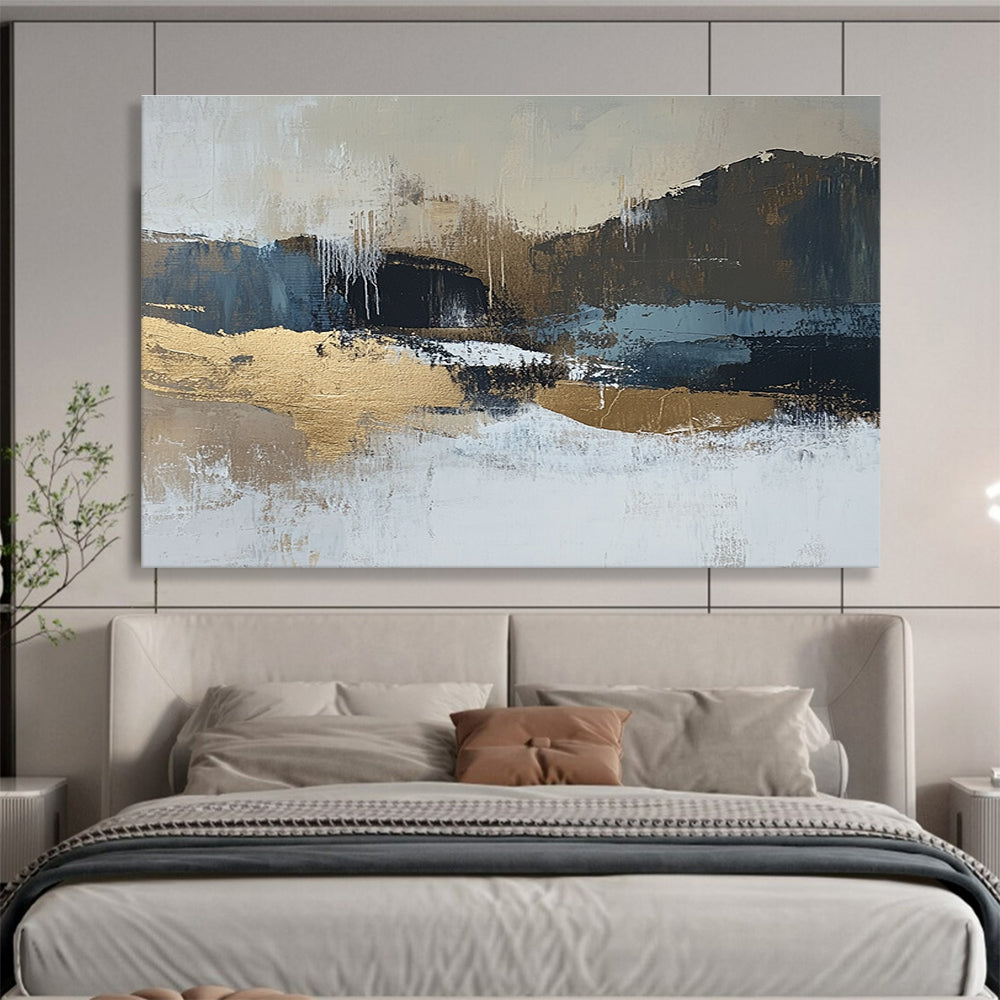 Large abstract painting in beige and dark blue tones with gold accents showcasing a minimalist winter landscape in a neutral color palette.SC226