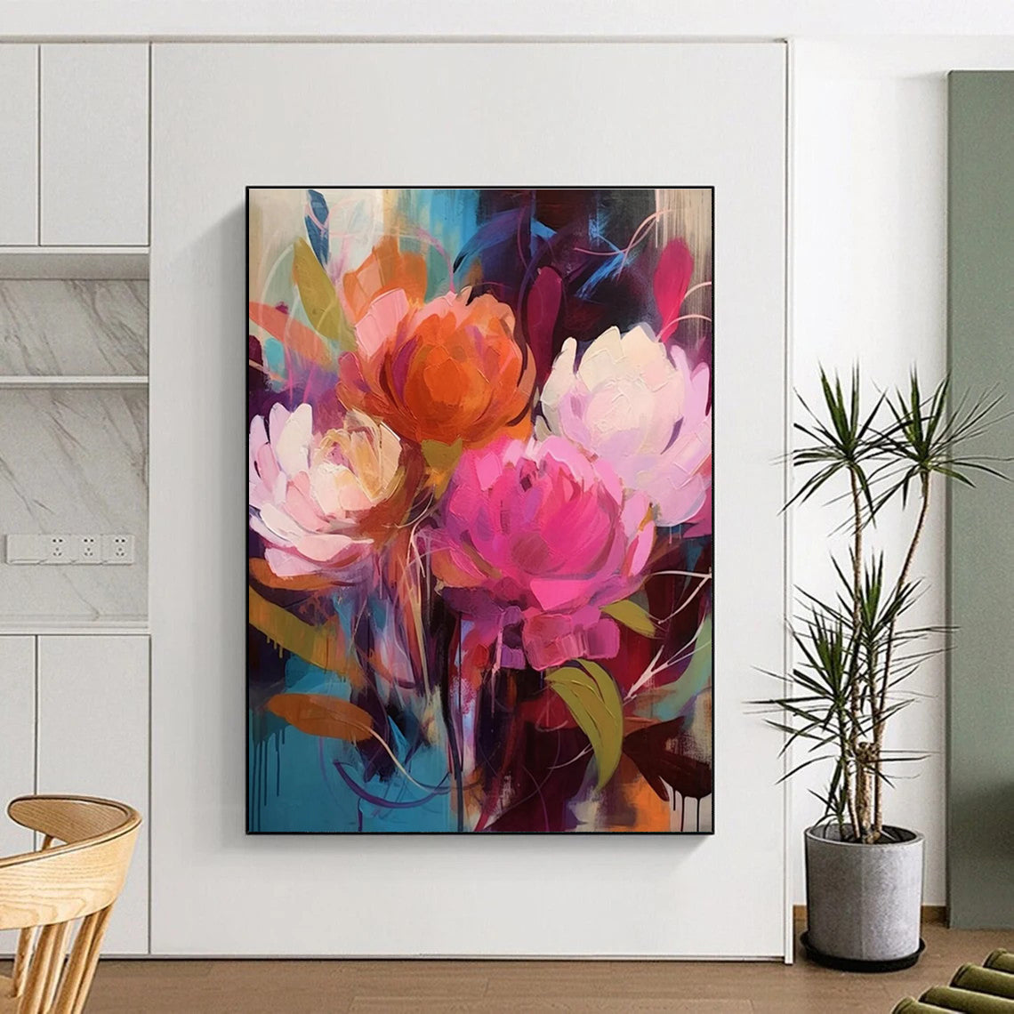 Vibrant Floral Abstract Painting with Bold Pink and Orange ADGE427