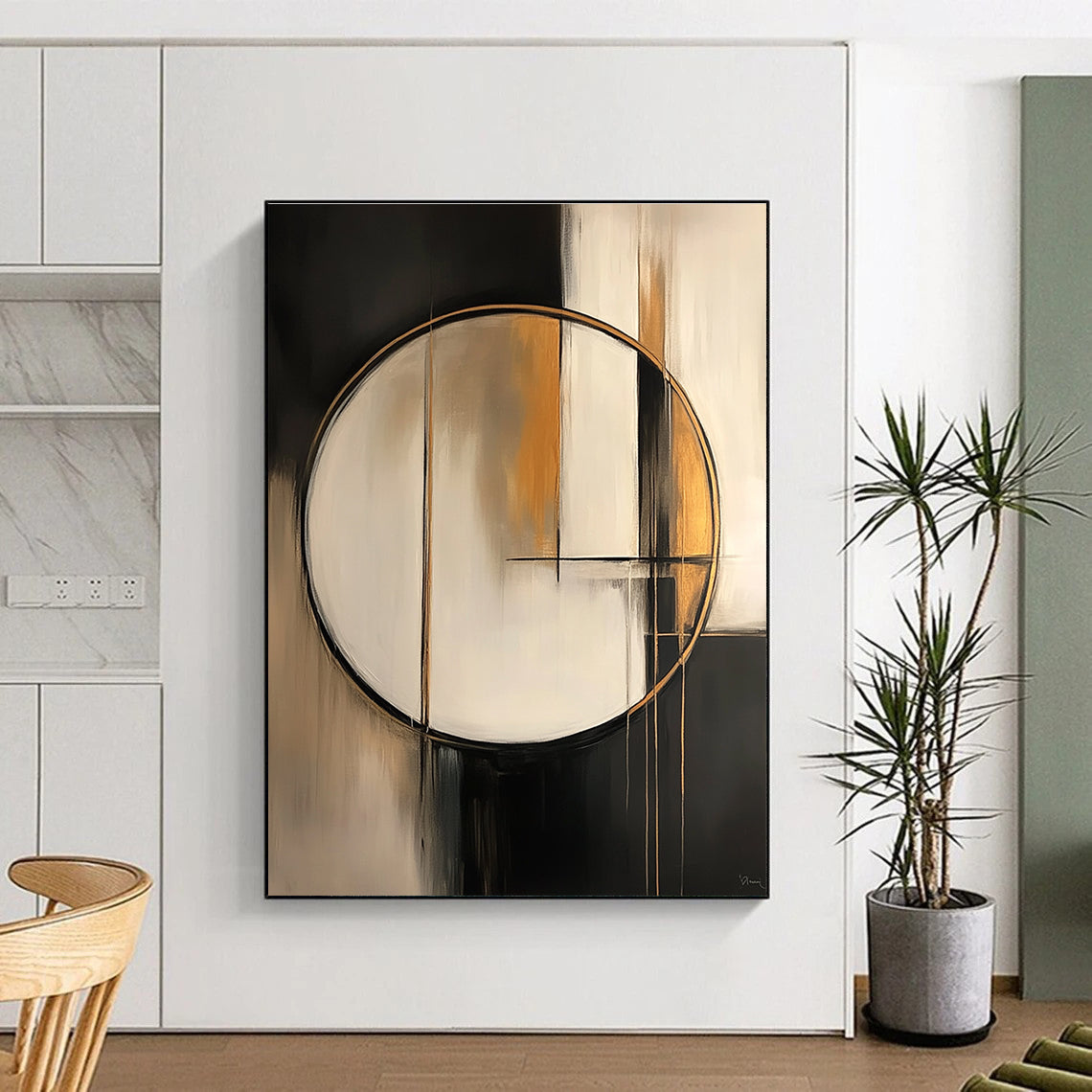 Large abstract painting featuring a white circle with gold lines set against an abstract geometric background in soft black grey and beige tones.STSC209