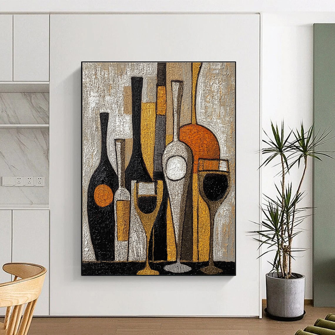 Large abstract painting featuring wine bottles and glasses with textured black white orange and gold embroidery.STSC369