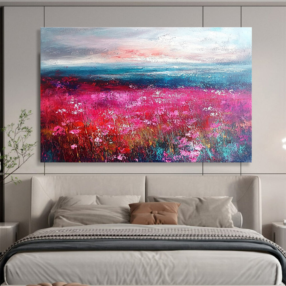 Pink Flower Field by the Sea Abstract Painting DYP472