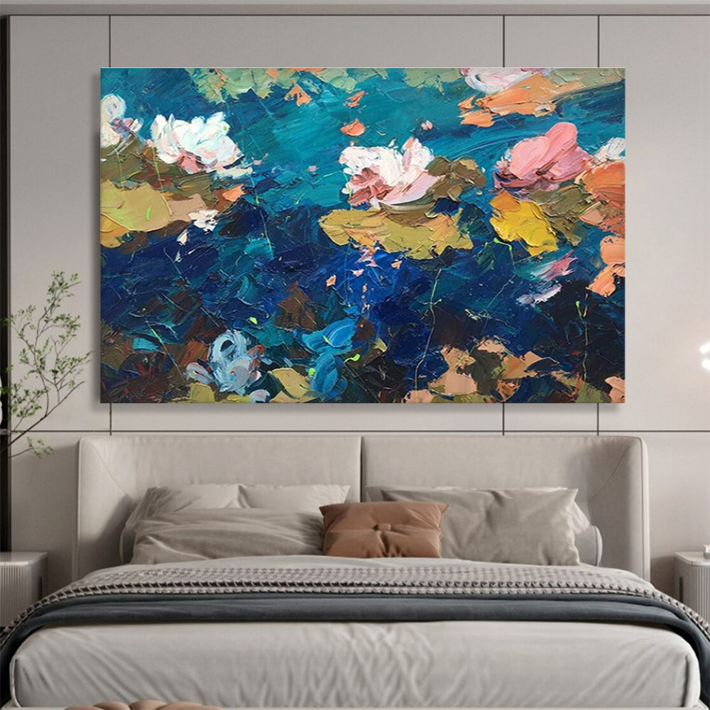 Blue Pink Water Lily Pond Abstract Painting THY465