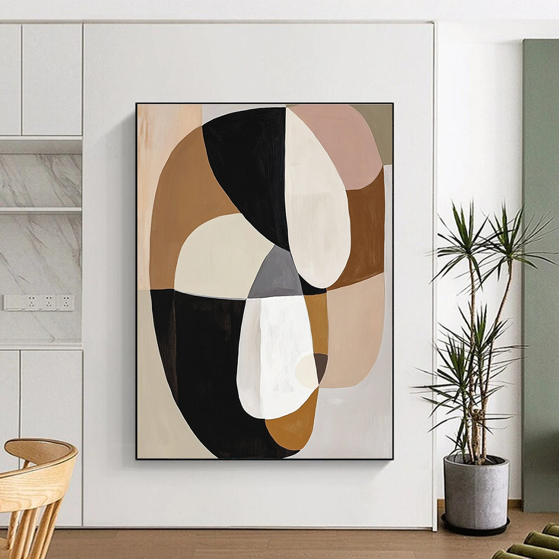 Large abstract painting featuring loose black white and beige shapes in neutral muted tones inspired by Marie Livingstone.STSC740