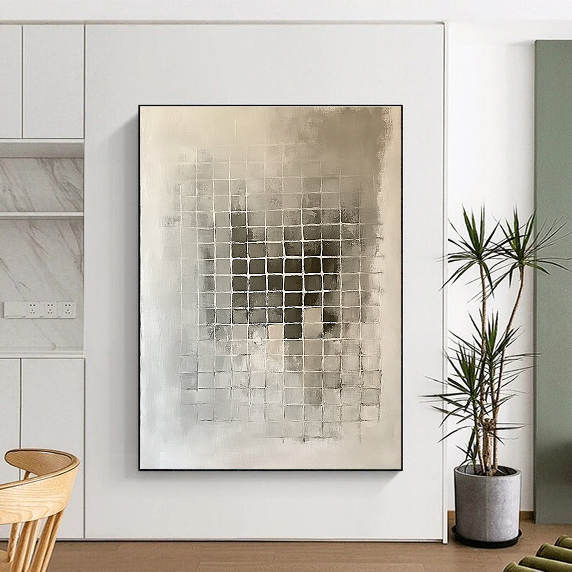 Gray - Toned Grid Abstract Painting with Subtle Variations GER227