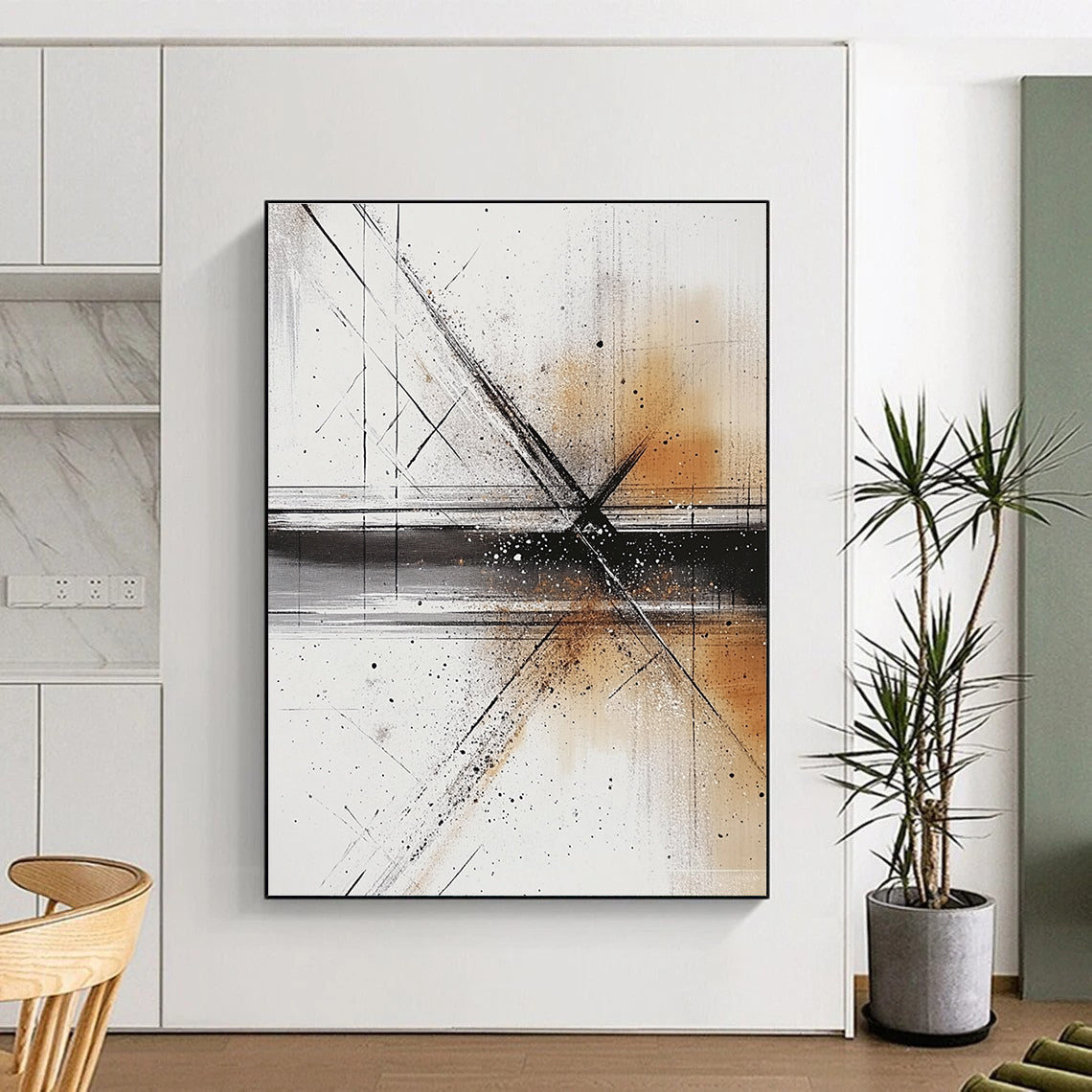Large abstract painting with fluid lines and shapes in light gray dark beige and subtle amber tones featuring ink washes and soft atmospheric effects.STSC321
