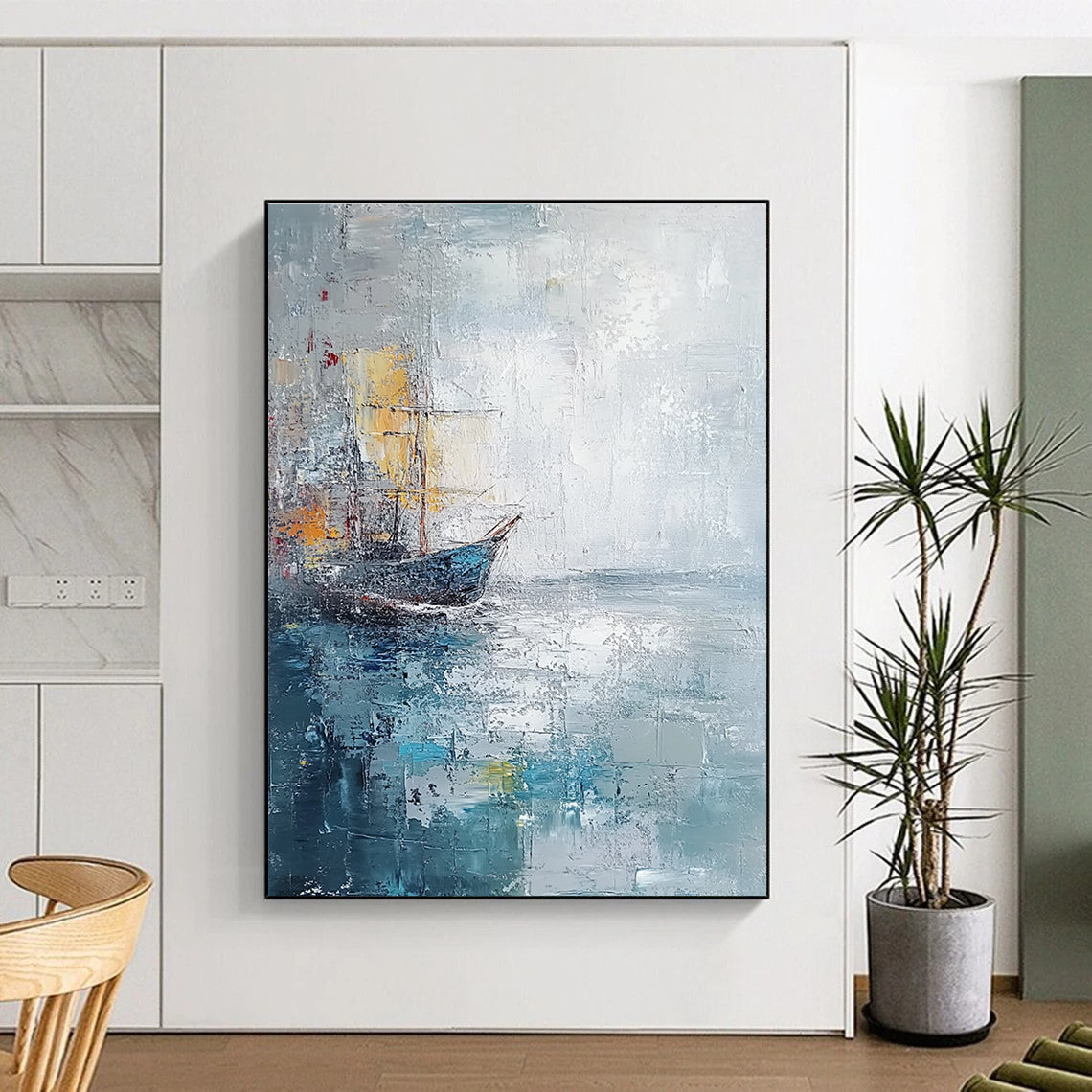 Large abstract painting with muted gray and blue tones featuring a distant ship at sea created with palette knife oil on textured canvas.STSC120