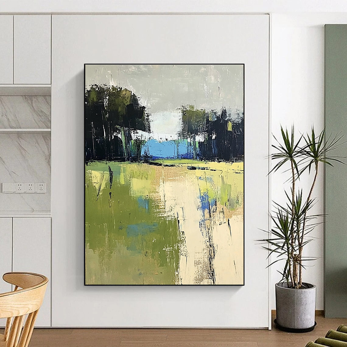 Large abstract painting featuring green and blue fields with distant trees in beige and dark gray tones on a textured canvas.STSC186