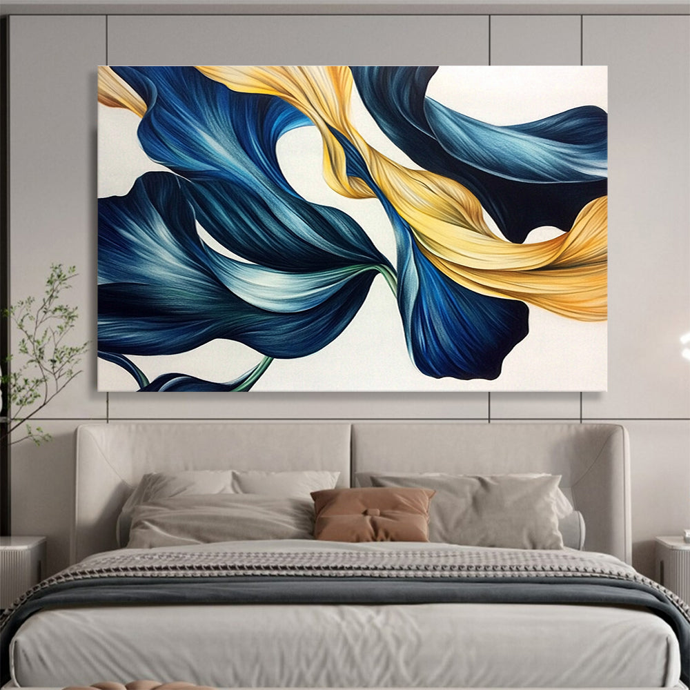 An abstract drawing of blue and gold tulip leaves with flowing lines in dark green and light gray on a white background.SC583