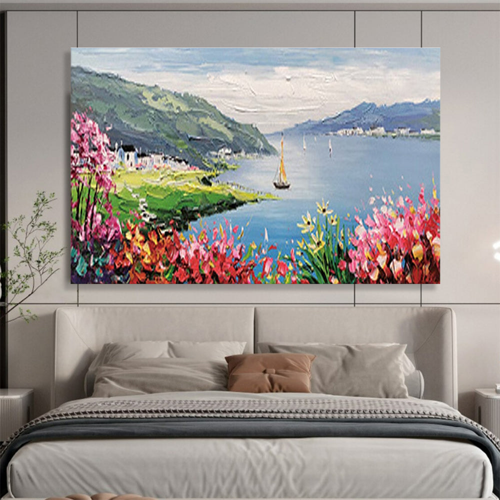 Lakeside Village Abstract Painting with Blue, Green, and Pink Tones THY209
