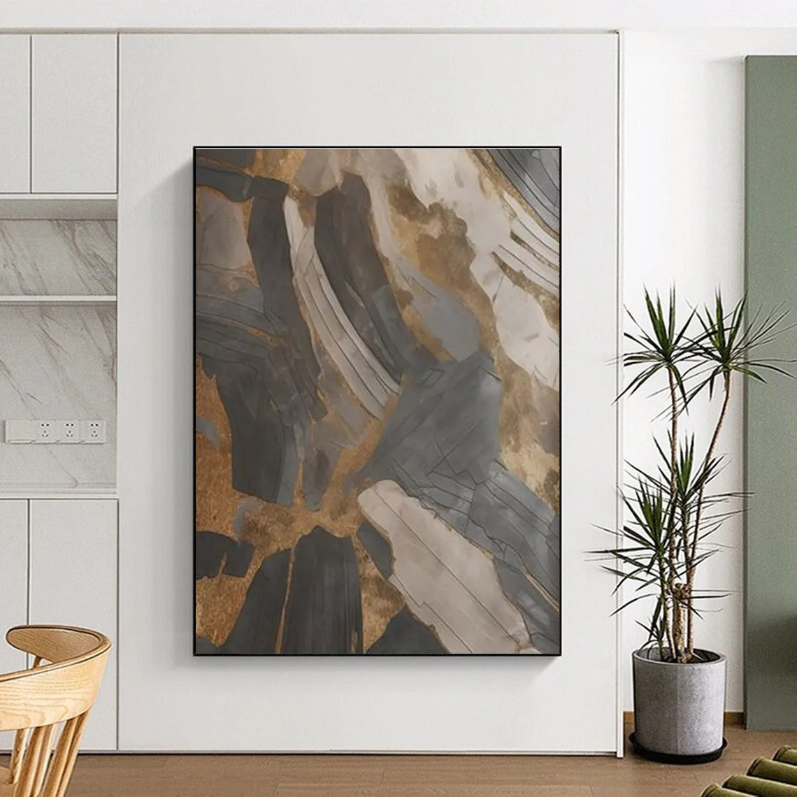 Black, Gray, and Gold Abstract Painting with Textured Layers ADGE137