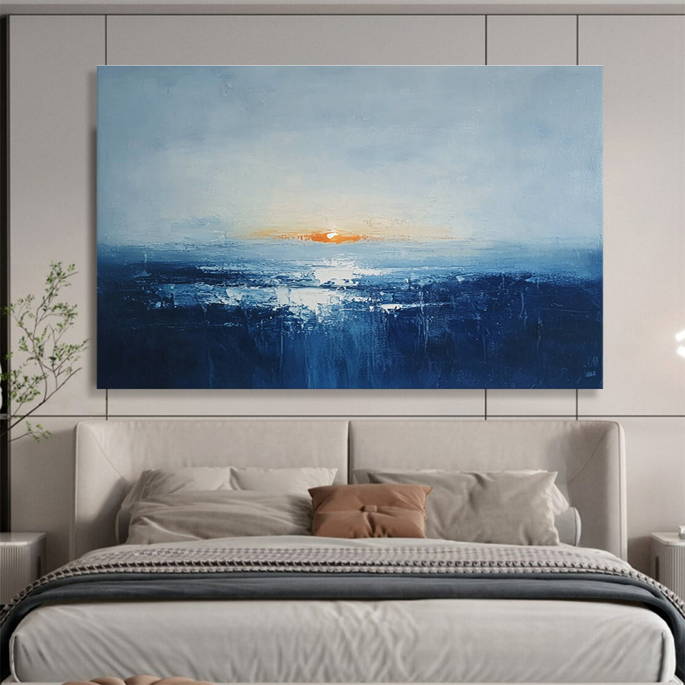 Abstract oil painting of an Irish landscape at sunrise featuring muted colors dark blue sea and an orange sun peeking over a grey skySC106