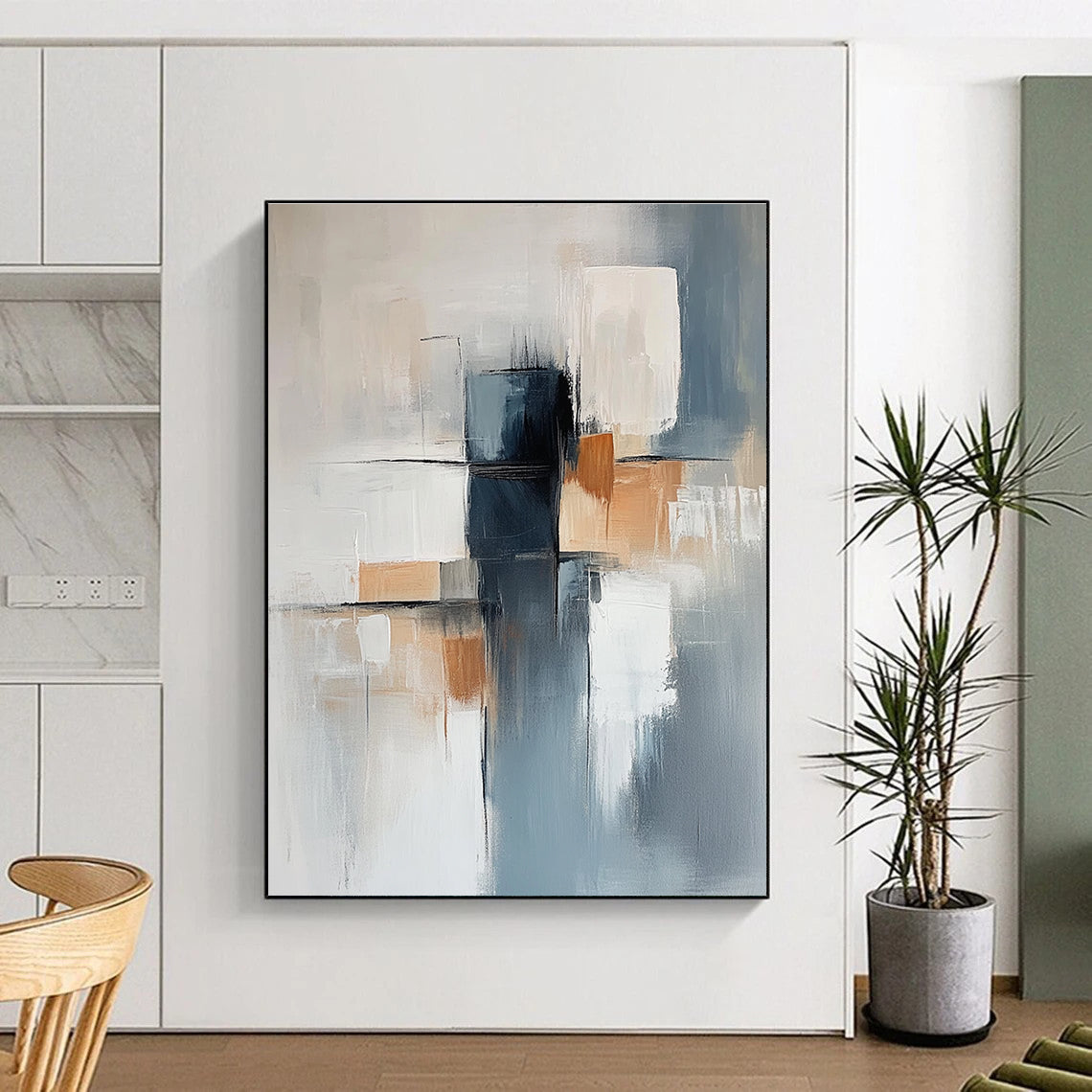 Large abstract painting featuring a light blue and gray background with soft lines and elegant white shapes complemented by dark blocks and warm accents.STSC400