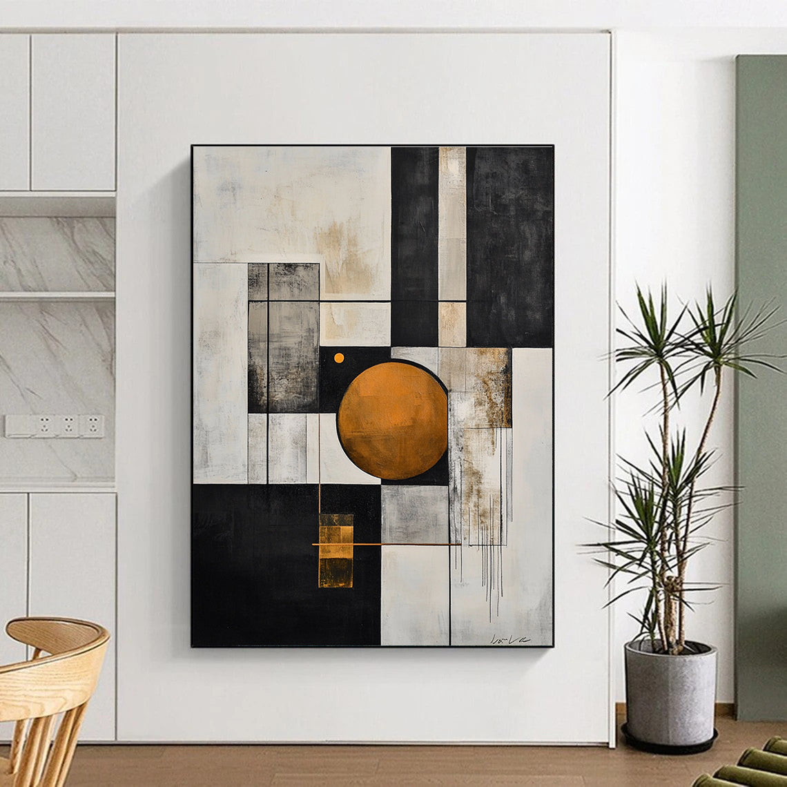 Large abstract painting in black and white with an orange circle and geometric shapes features a gray line and exquisite details on textured canvas.STSC207