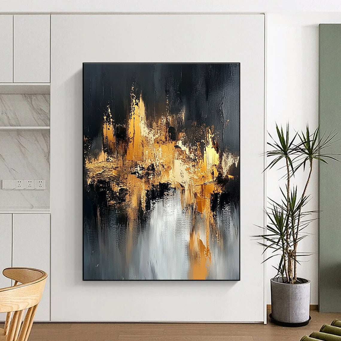 Black Gold and Silver Abstract Painting with Cityscape Inspiration GER643