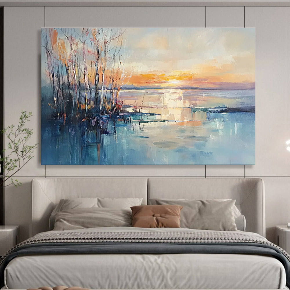 Sunset Lake with Bare Trees Abstract Landscape Painting DYP292
