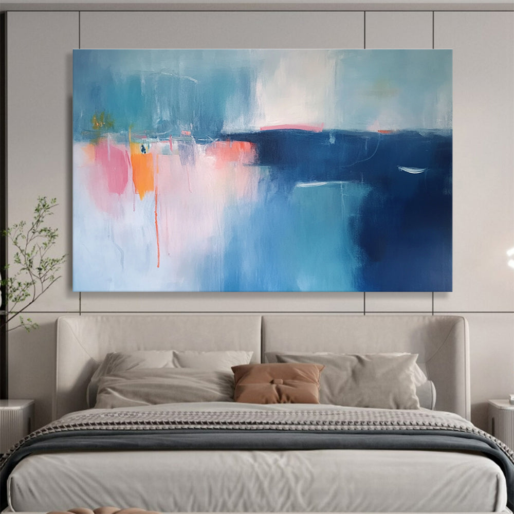 Large abstract painting featuring serene blue and pink tones with blurred edges and distant boats, evoking a minimalist coastal atmosphere.SC063