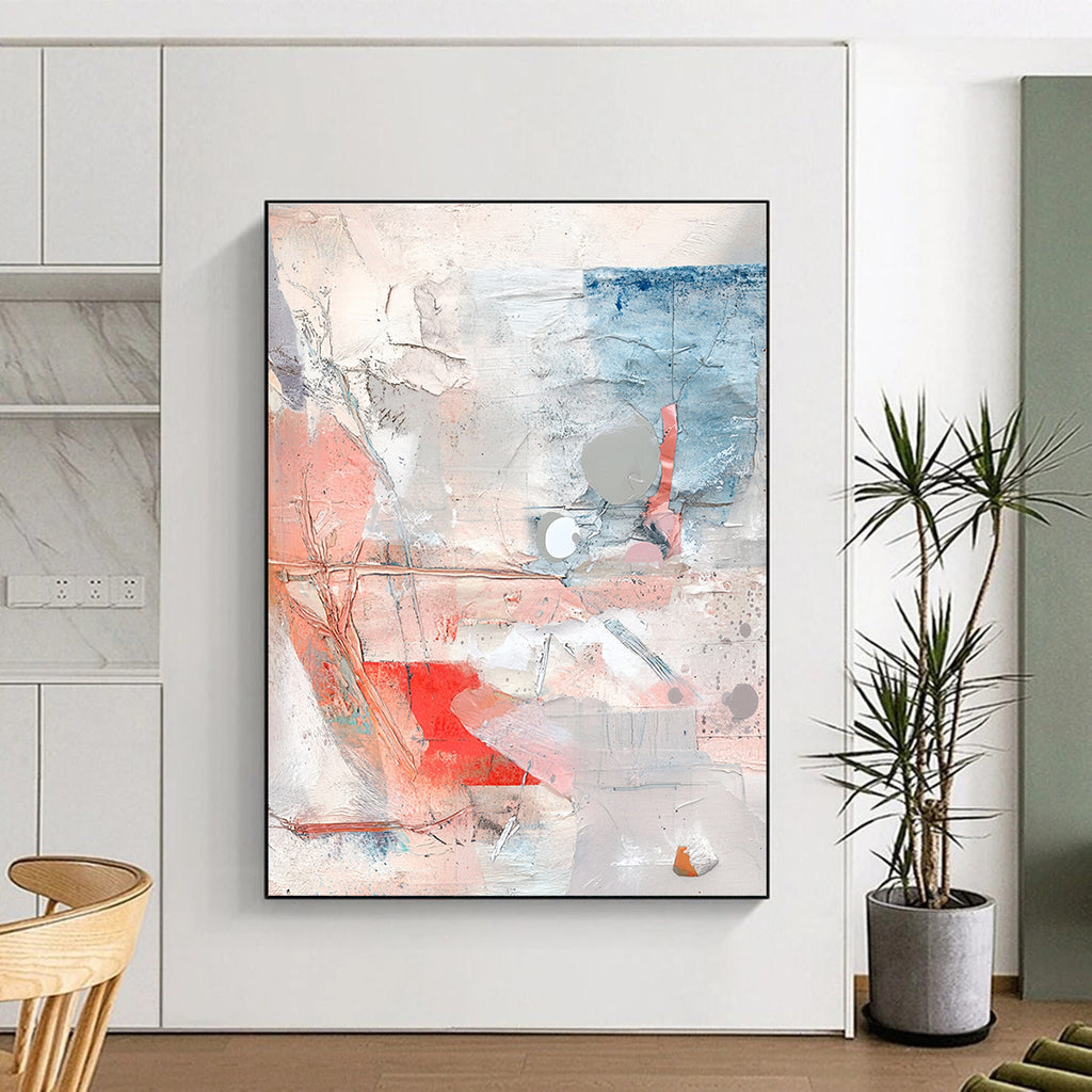 Mixed Media Abstract Collage with Pink Blue and Gray Tones GER194