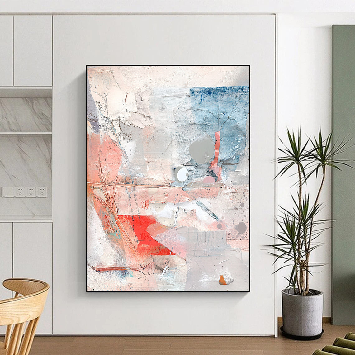 Mixed Media Abstract Collage with Pink Blue and Gray Tones GER194