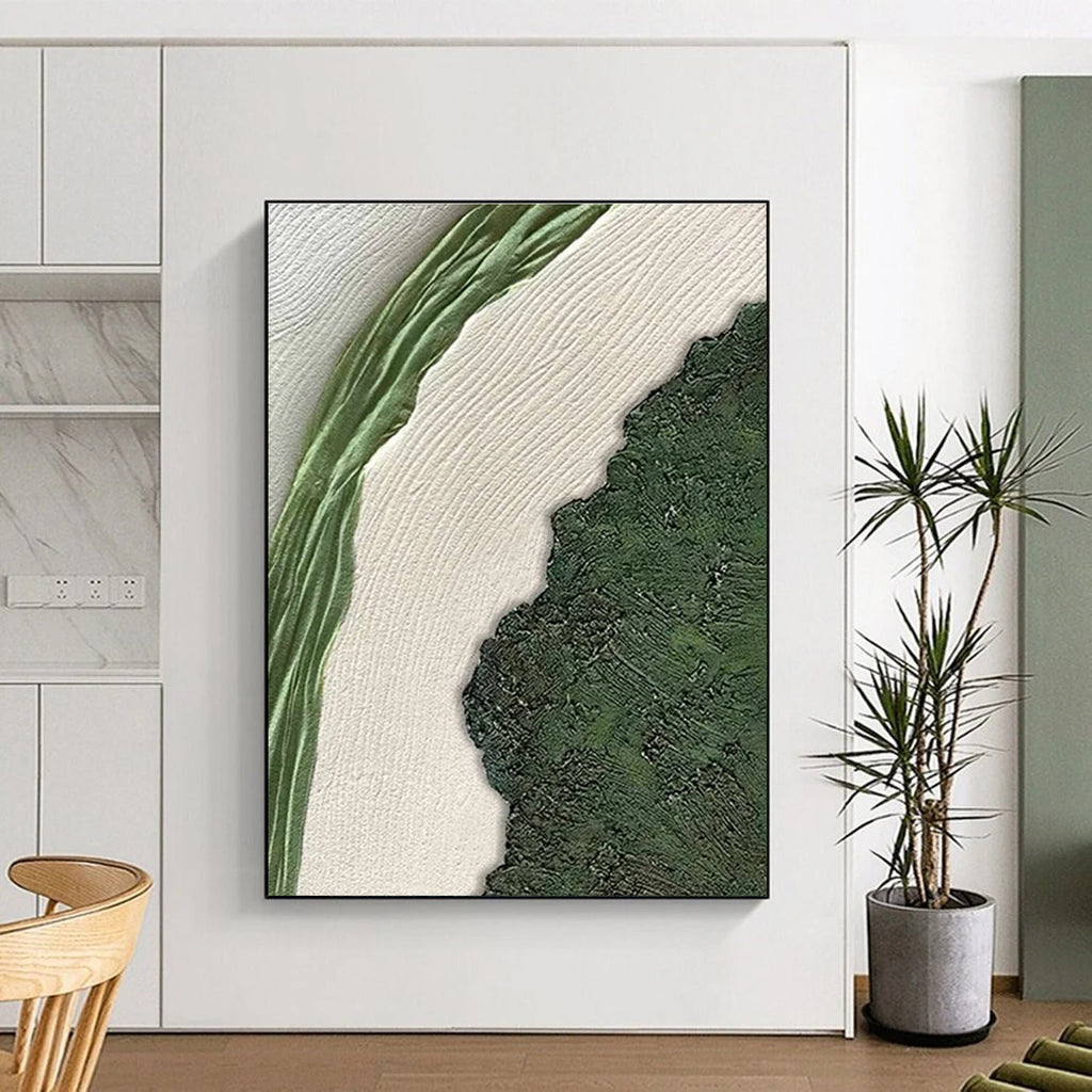 Green and White Textured Abstract Painting with Natural Shapes ADGE316