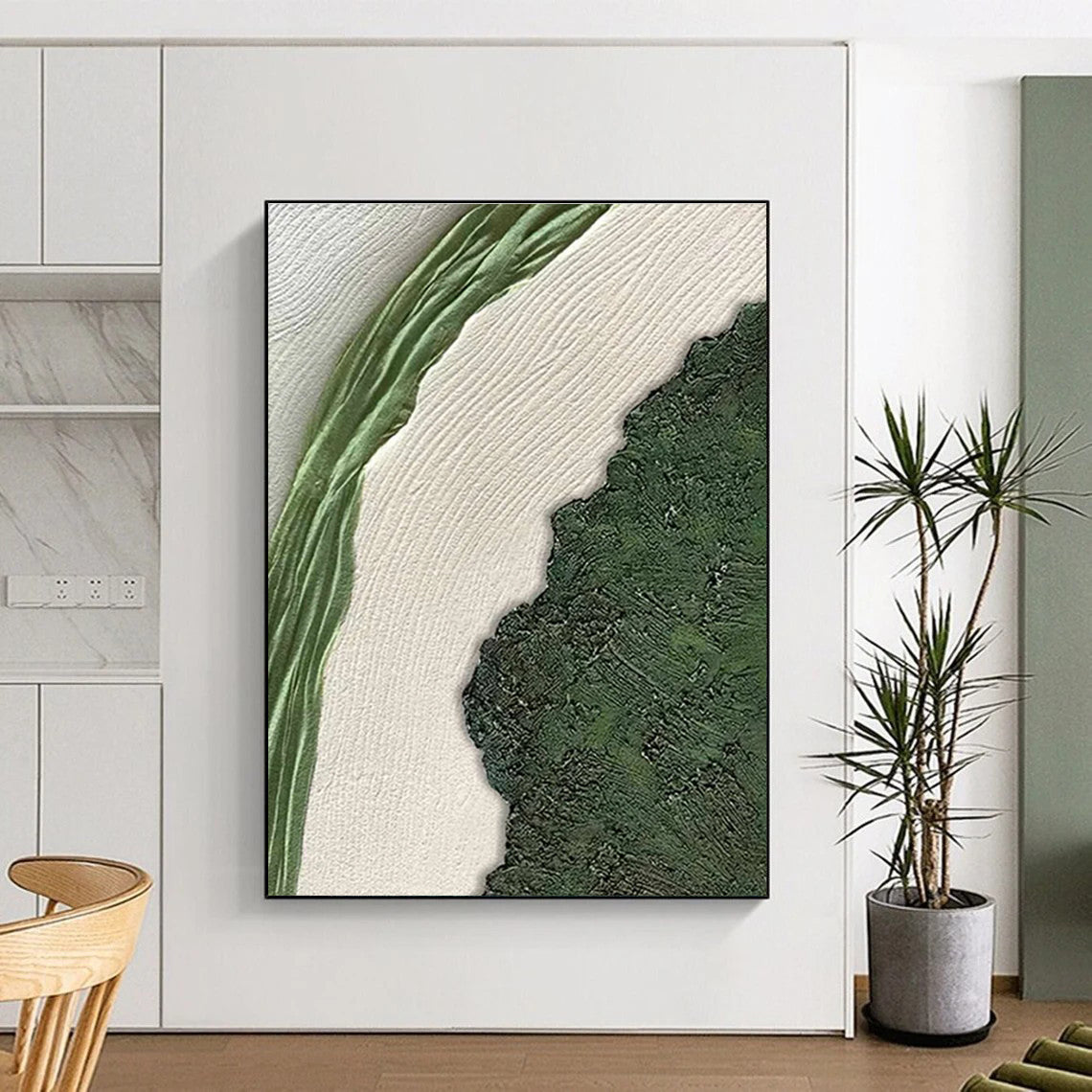 Green and White Textured Abstract Painting with Natural Shapes ADGE316