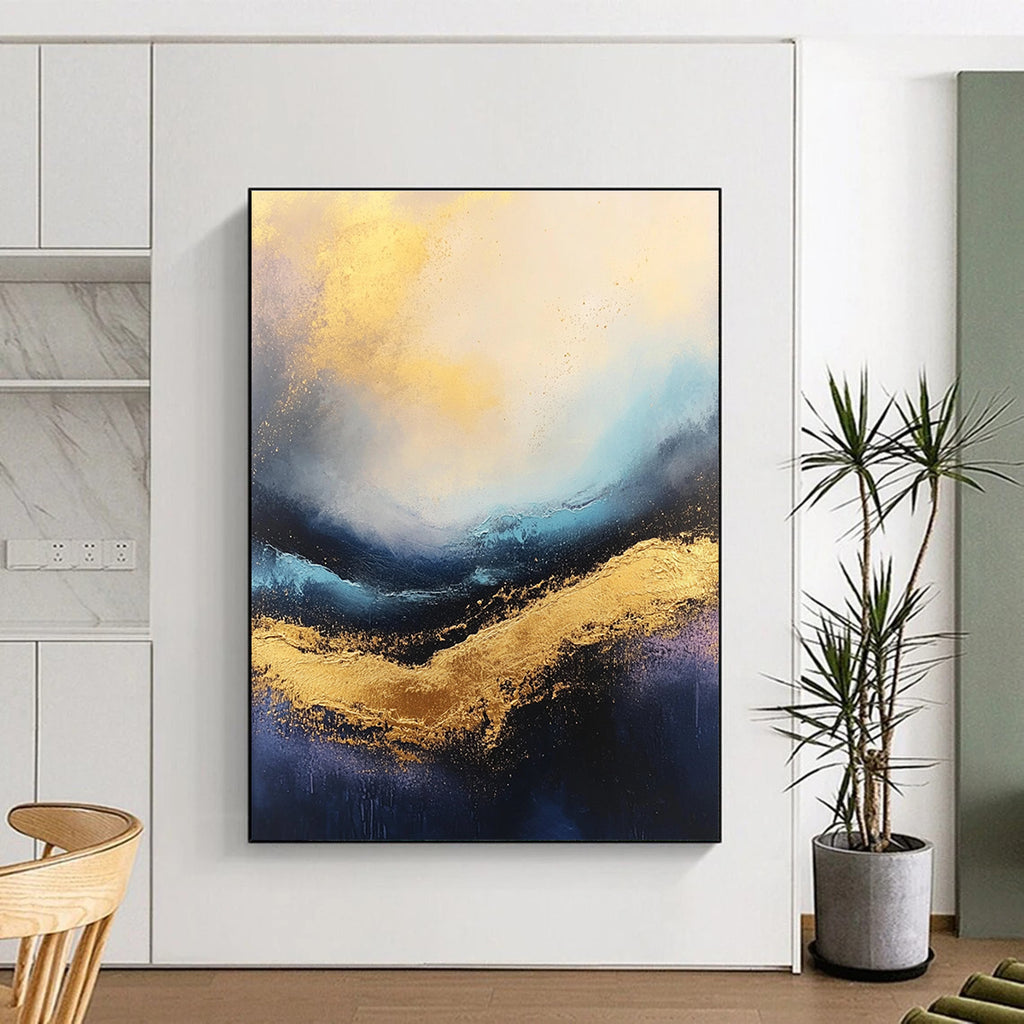 Large abstract painting of stormy seas featuring rich gold and blue tones with a captivating textured surface.STSC333