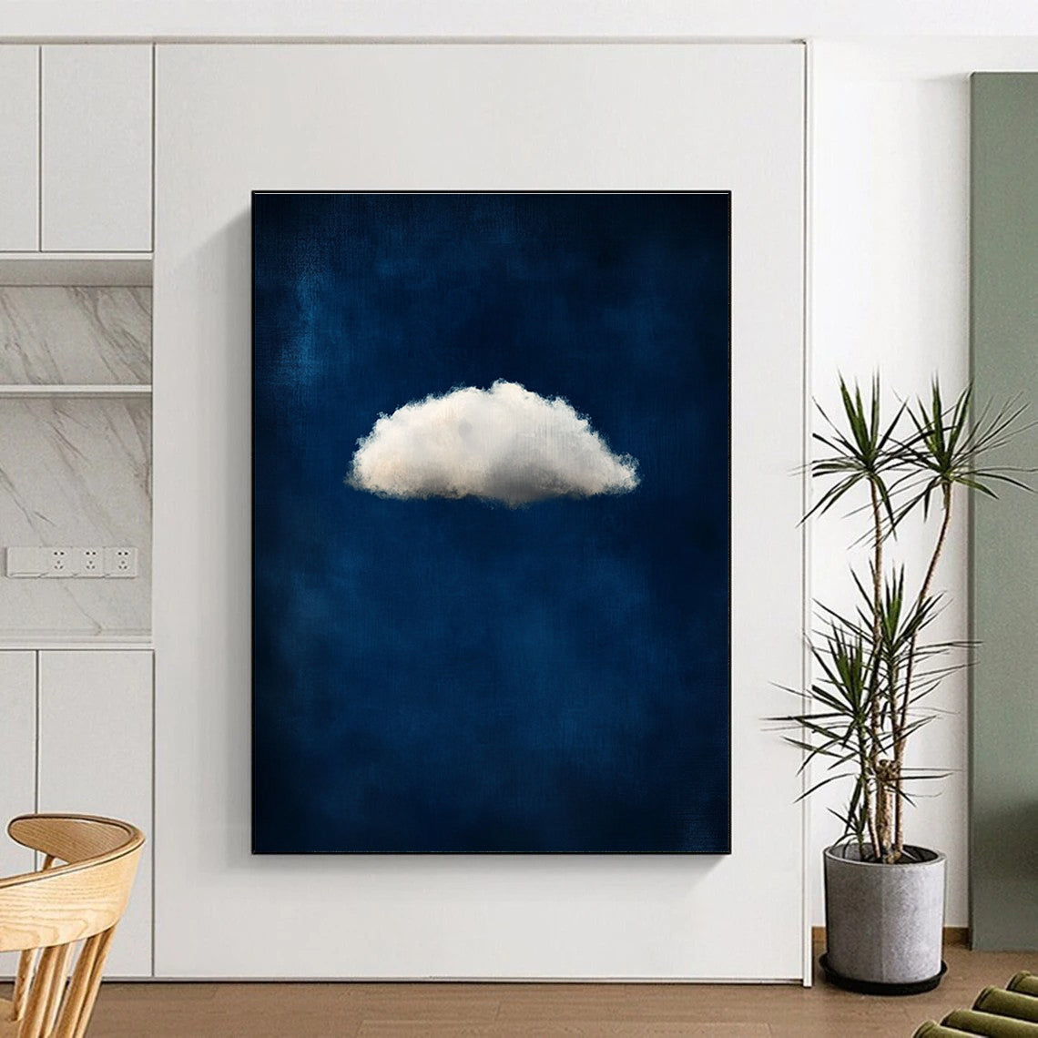 A large abstract painting featuring a small white cloud on a dark blue background evoking ethereal and dreamy atmospheres with soft tones.STSC1403