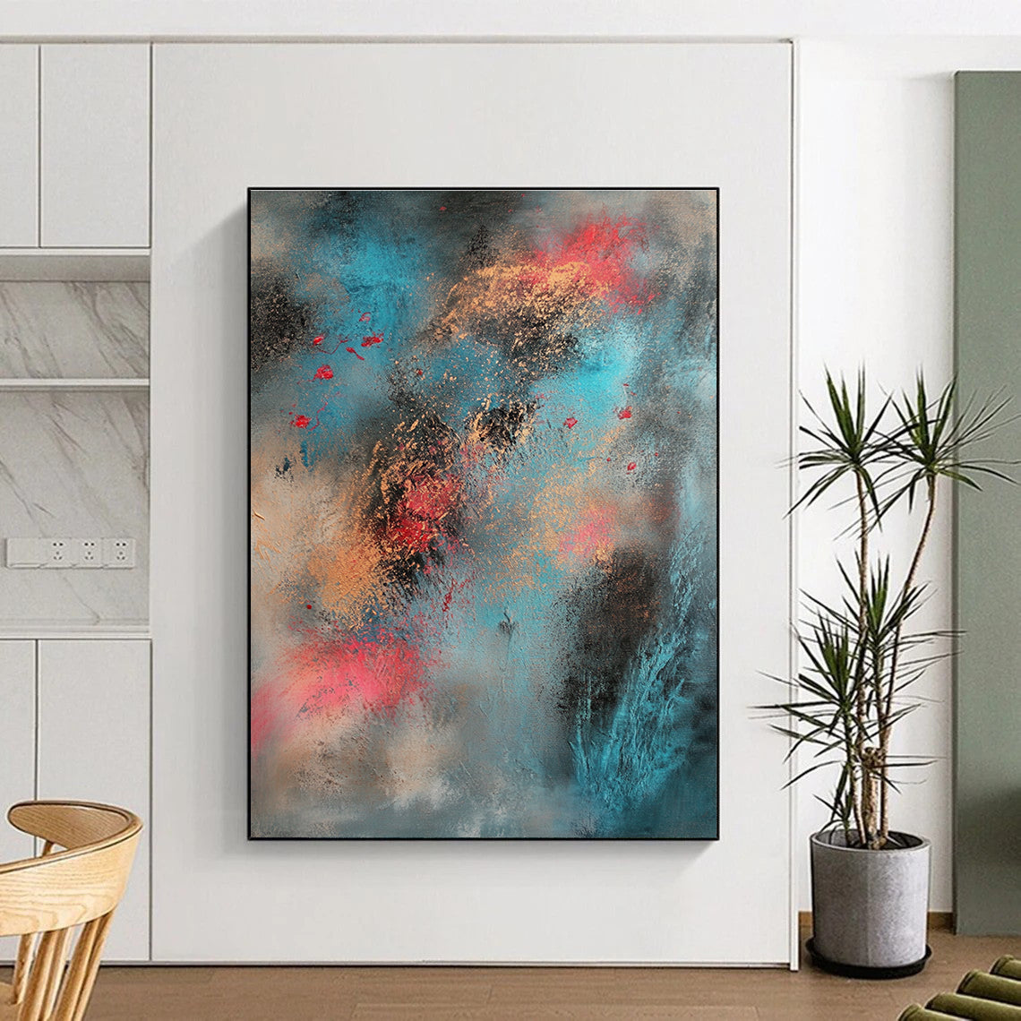 Blue Gold and Red Abstract Painting with Dynamic Splashes GER661