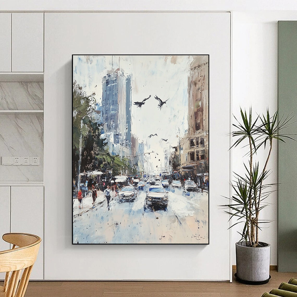 Large abstract painting featuring a vibrant Sydney street scene with soft pastel colors and impressionist brush strokes.STSC1135