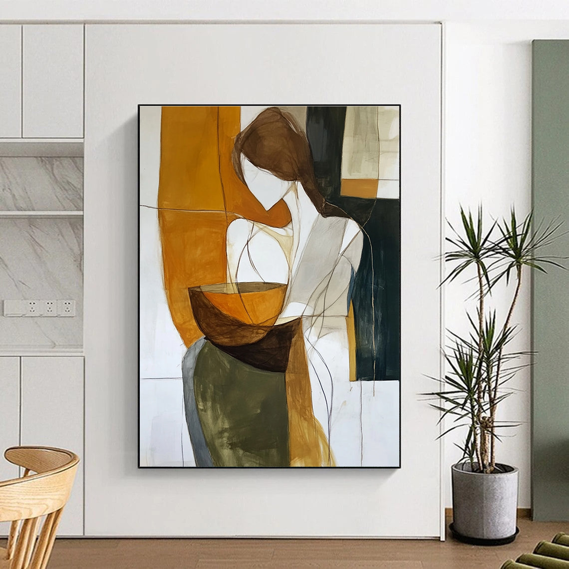 Large abstract painting of an androgynous figure enveloping an earthenware bowl in rich earth tones against a dark white background.STSC299