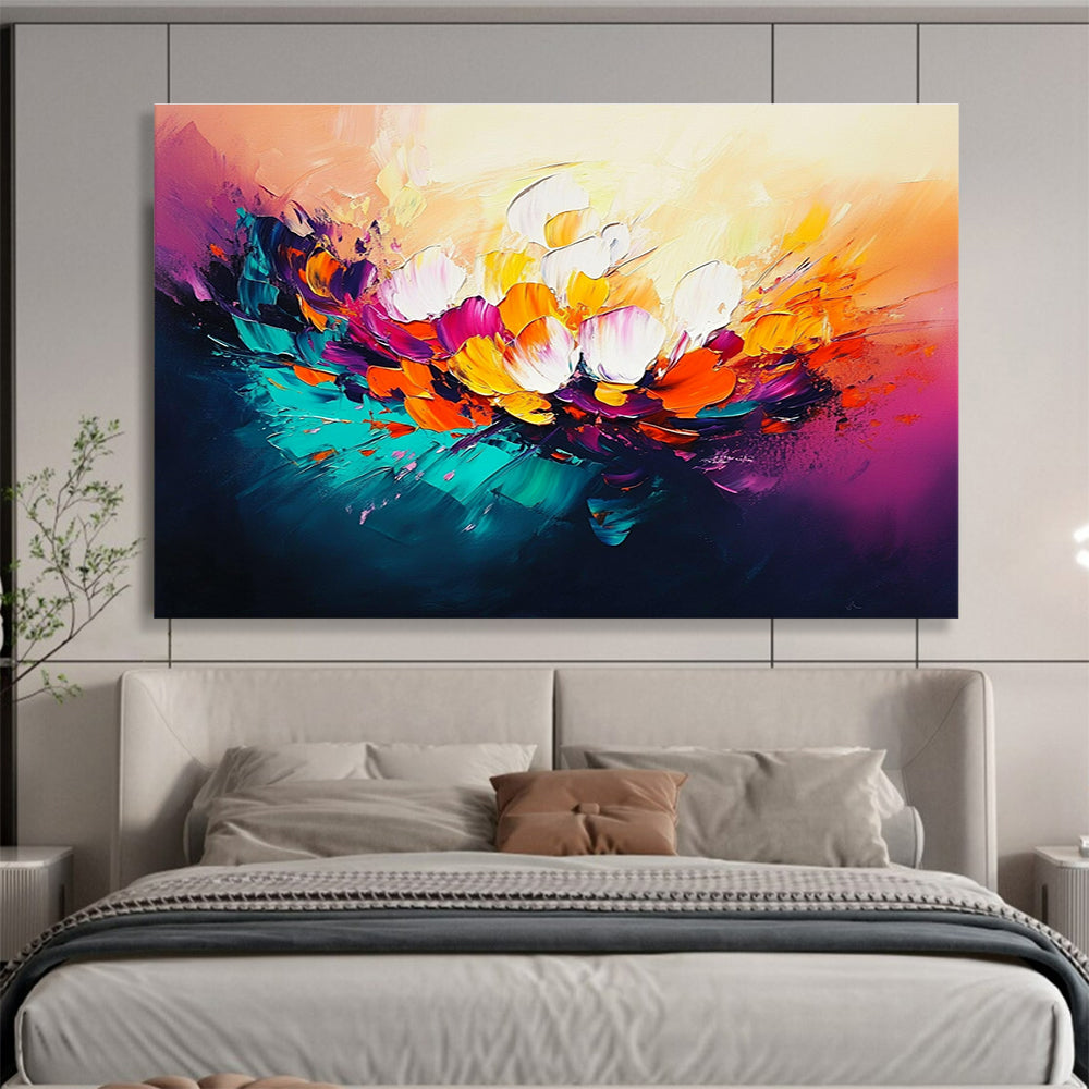Large abstract oil painting of flowers in vibrant orange teal magenta with expressive brushwork and glowing lights creating a dynamic composition.SC320