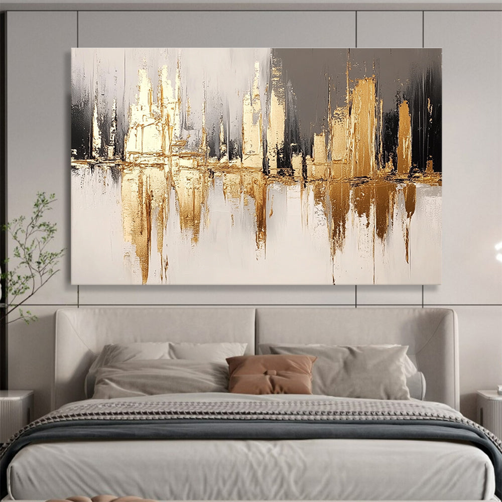 Gold and Gray Cityscape Abstract Painting with Reflective Textures DYP311