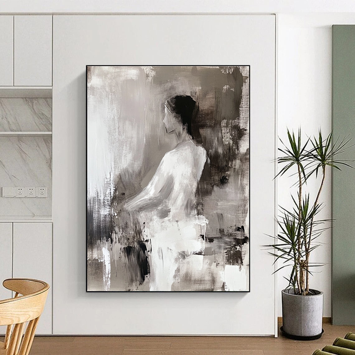 Large abstract painting of a woman in white featuring deconstructed tailoring and fluid simplicity with atmospheric perspective in light gray and dark brown.STSC673