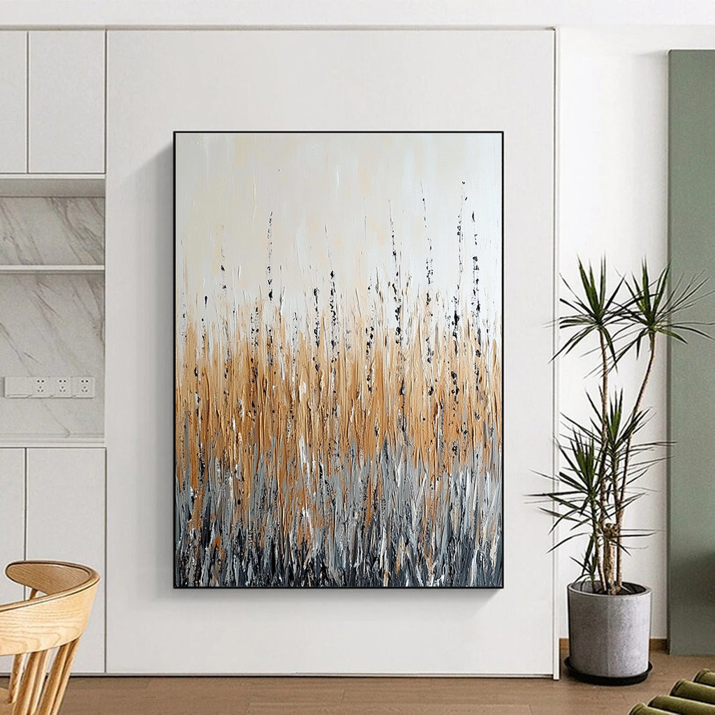 Large abstract painting depicting a field with tall grass in beige and grey tones featuring black accents and a rain effect on a white background.STSC284