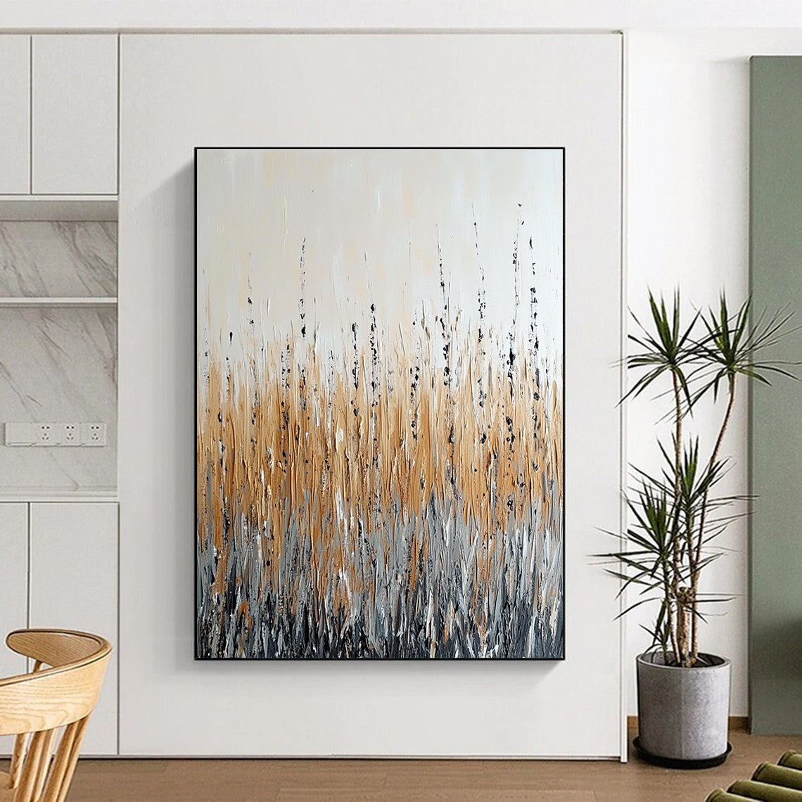Large abstract painting depicting a field with tall grass in beige and grey tones featuring black accents and a rain effect on a white background.STSC284