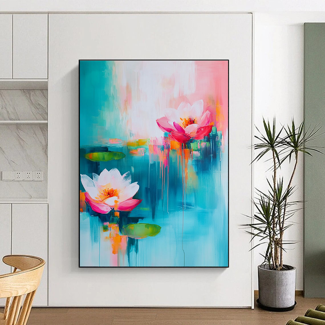 Large abstract painting with turquoise and pink hues featuring soft brush strokes of flowers and water lilies in a dreamy atmosphere.STSC052
