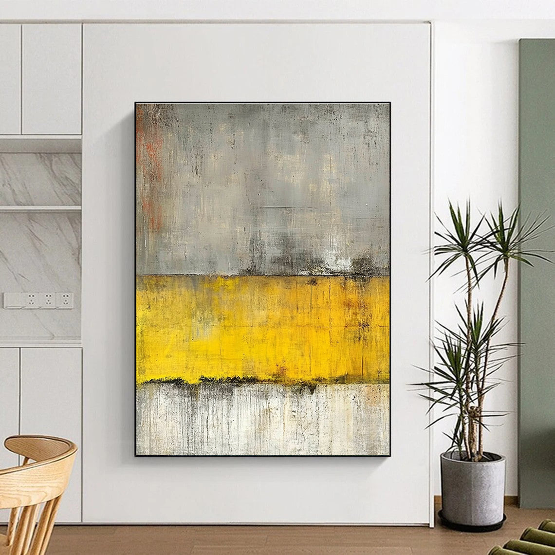 Large abstract painting featuring gray and yellow tones with a concrete texture and grainy canvas highlighted by horizontal lines.STSC233