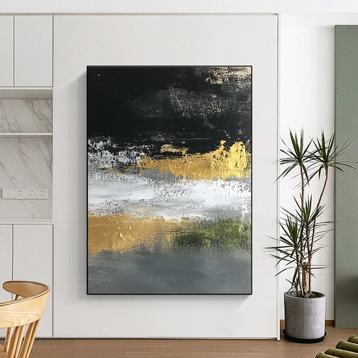 Gold Accented Abstract Painting on Black Gray and White GER248