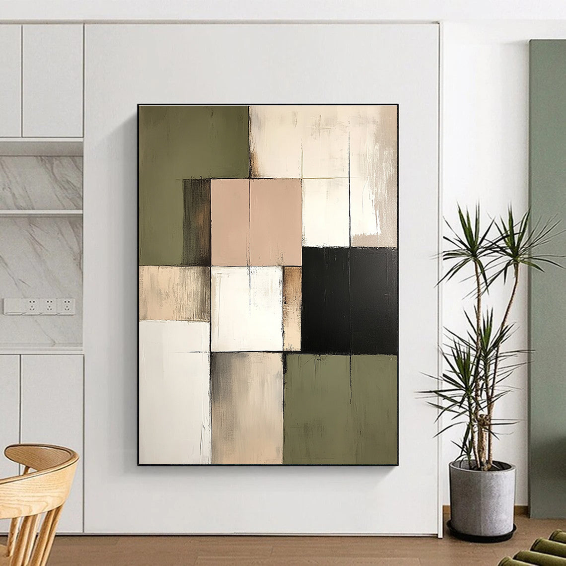 Large abstract painting in neutral tones of cream sage green and muted pink reflecting an architectural landscape feel.STSC765