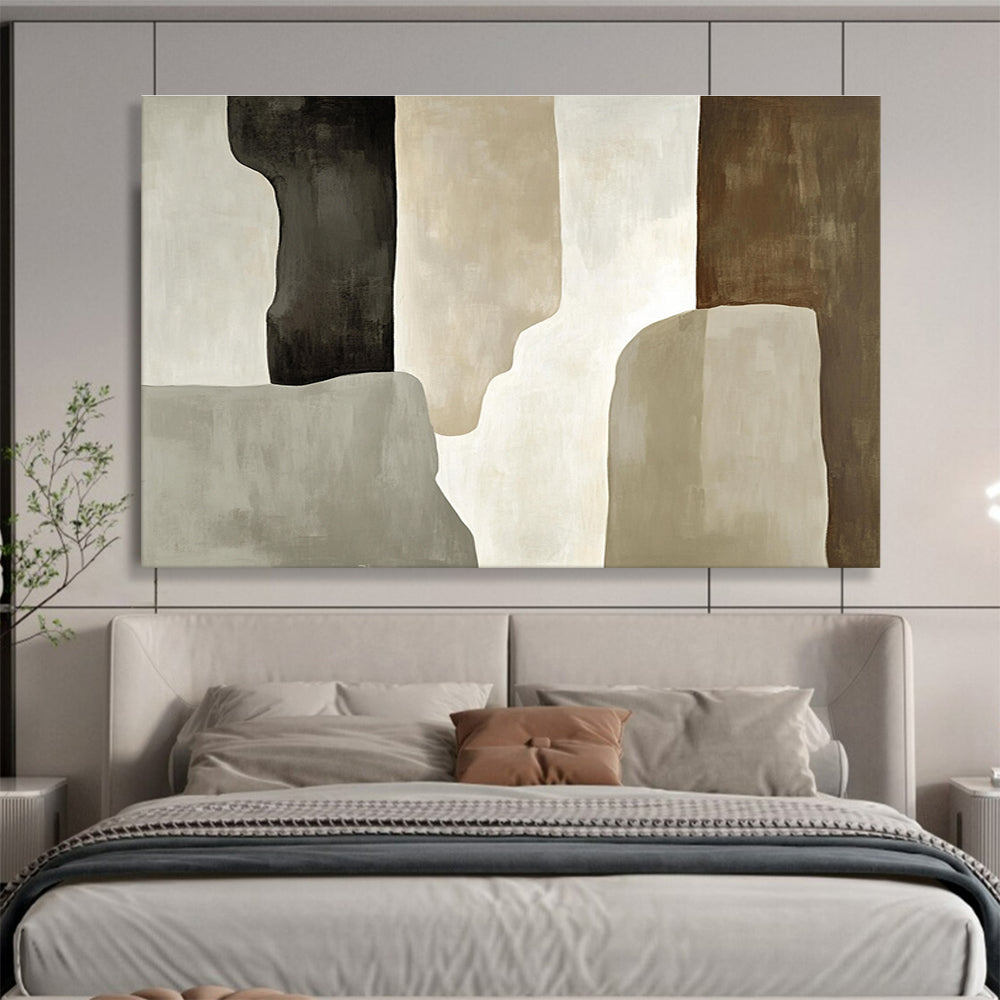 Large abstract painting featuring soft gray and beige tones with loose brush strokes and a prominent black shadow and tall monolithic shape.SC280