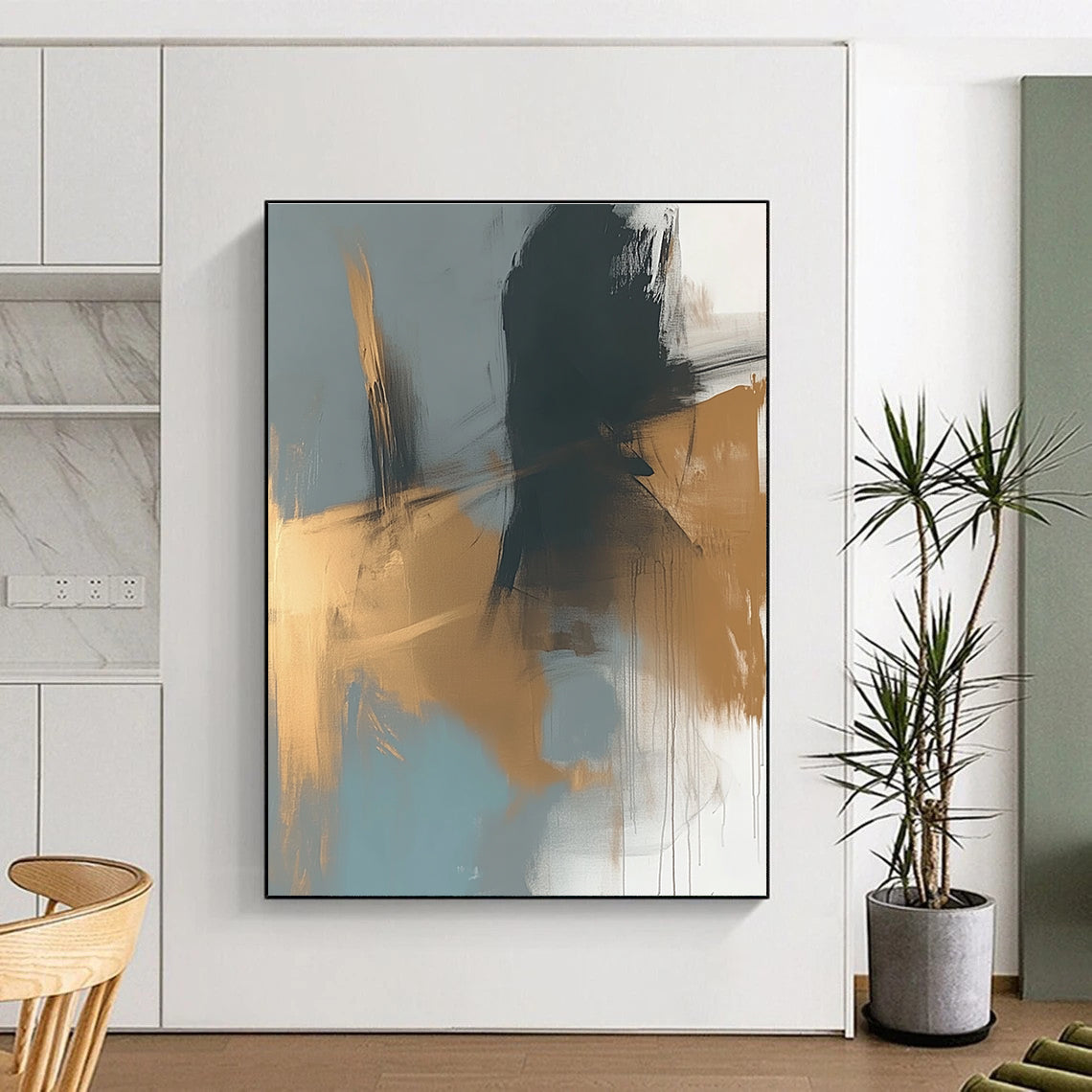 Gray Gold Abstract Painting with Fluid Brushstrokes GER780