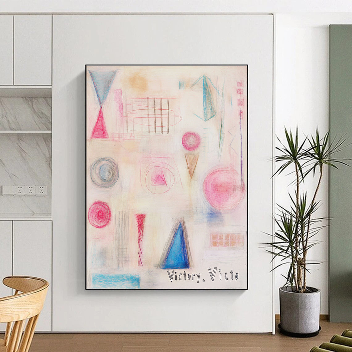 Large abstract painting featuring geometric and organic shapes in pink and blue with a soft texture and delicate color palette.STSC1205