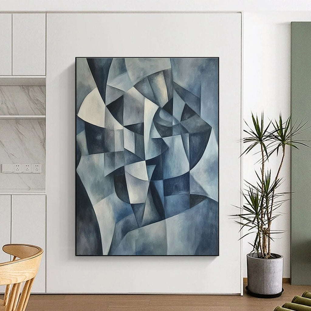 Blue Geometric Abstract Painting with Cubist Influences GER591