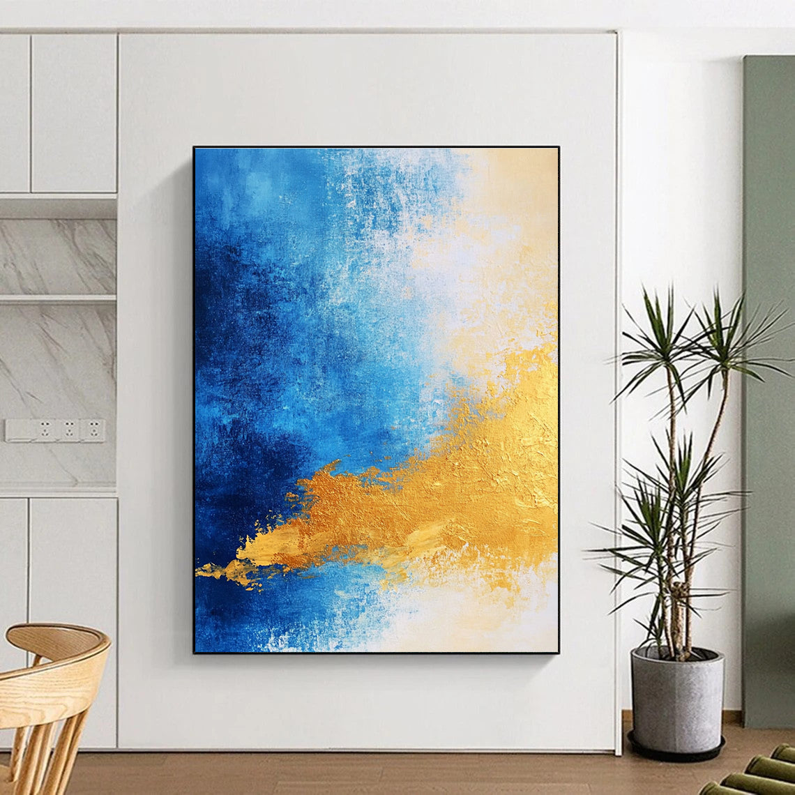 Gradient Blue and Gold Abstract Painting with Subtle Transitions GER376