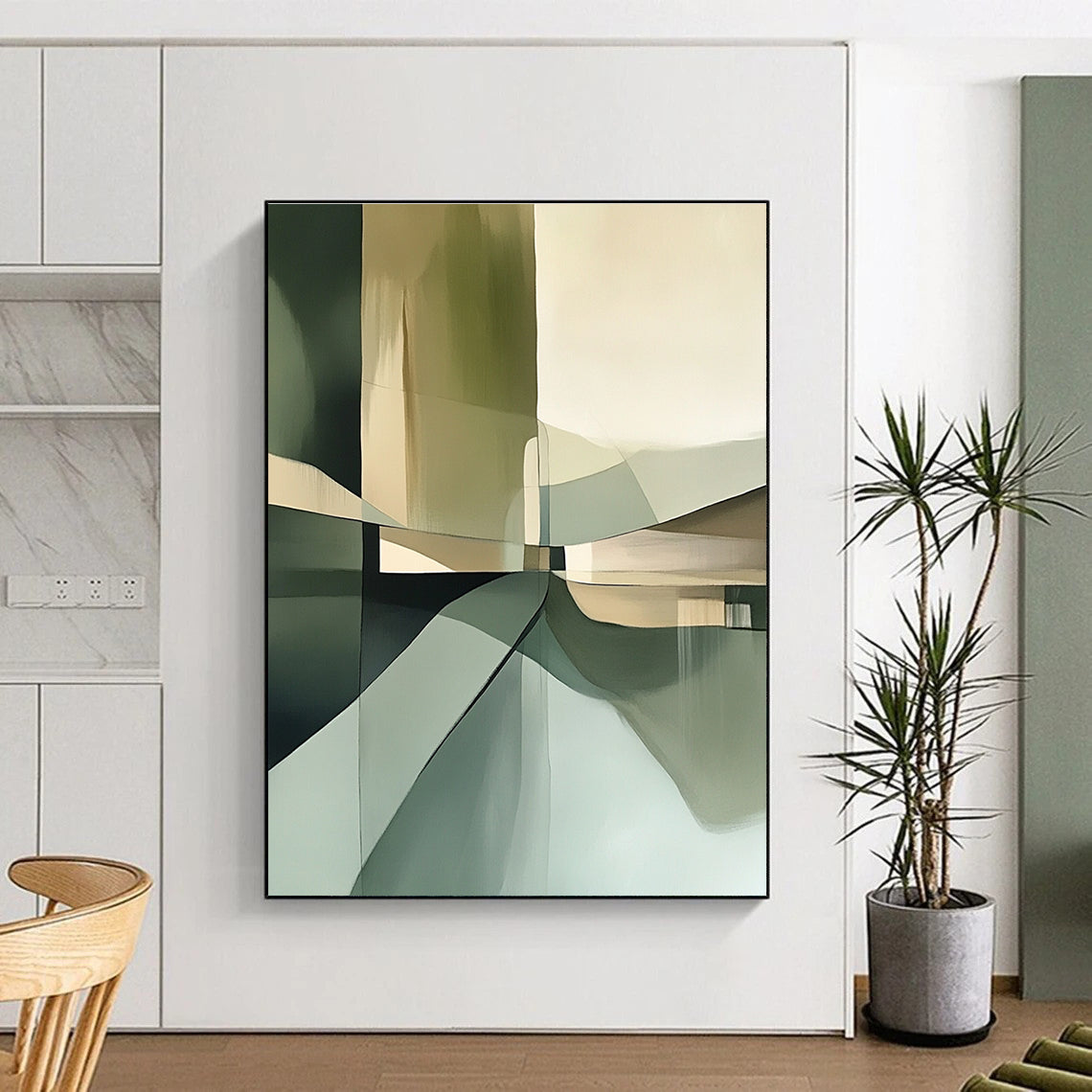 Large abstract painting in neutral green tones featuring brush strokes soft focus muted colors geometric shapes and a detailed textured composition.STSC114