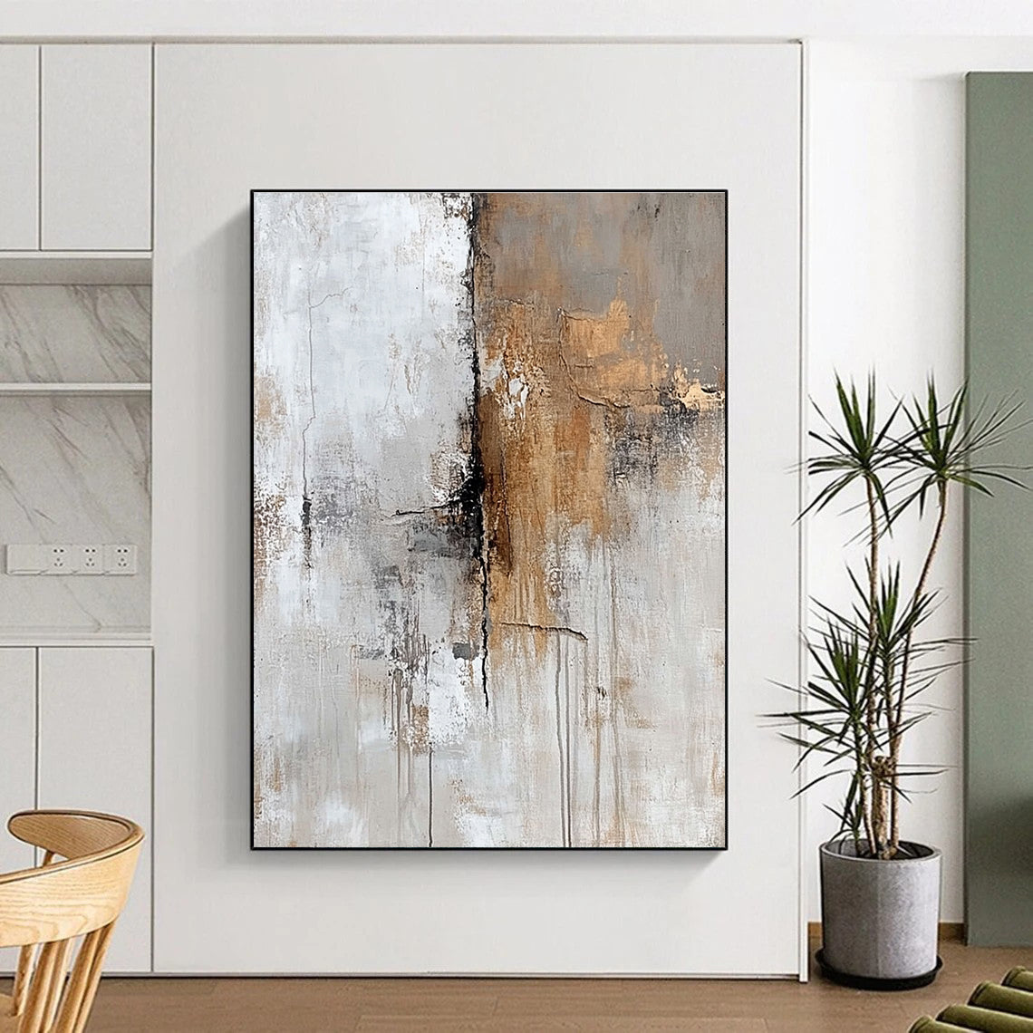 Abstract oil painting featuring faded beige grey and brown textures on a white background evoking nostalgia and mystery through subtle details in corners.STSC591
