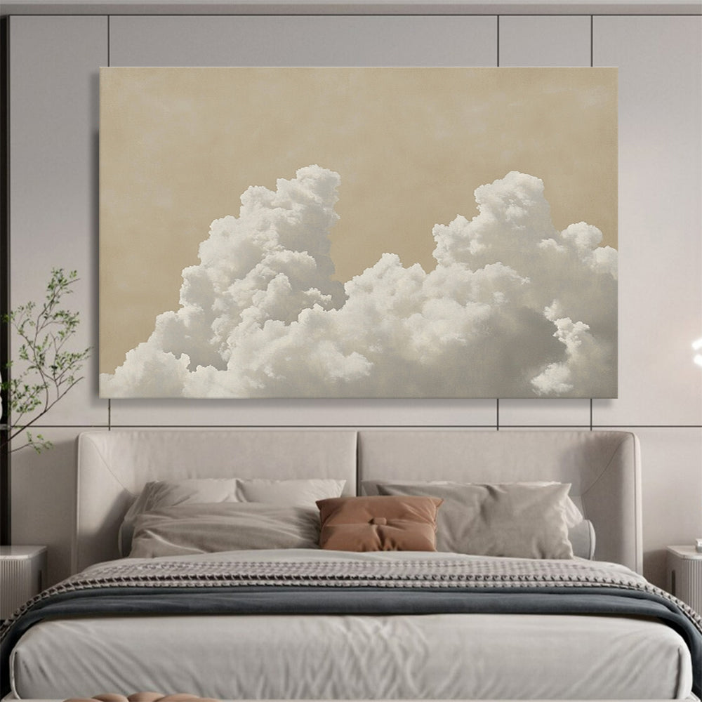 A large abstract painting featuring a cloud of white clouds against a pale beige background with muted colors and ultra-realistic details.SC454