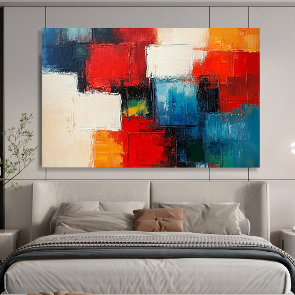A large abstract painting of city blocks in red and blue with white squares and thick brush strokes.SC347