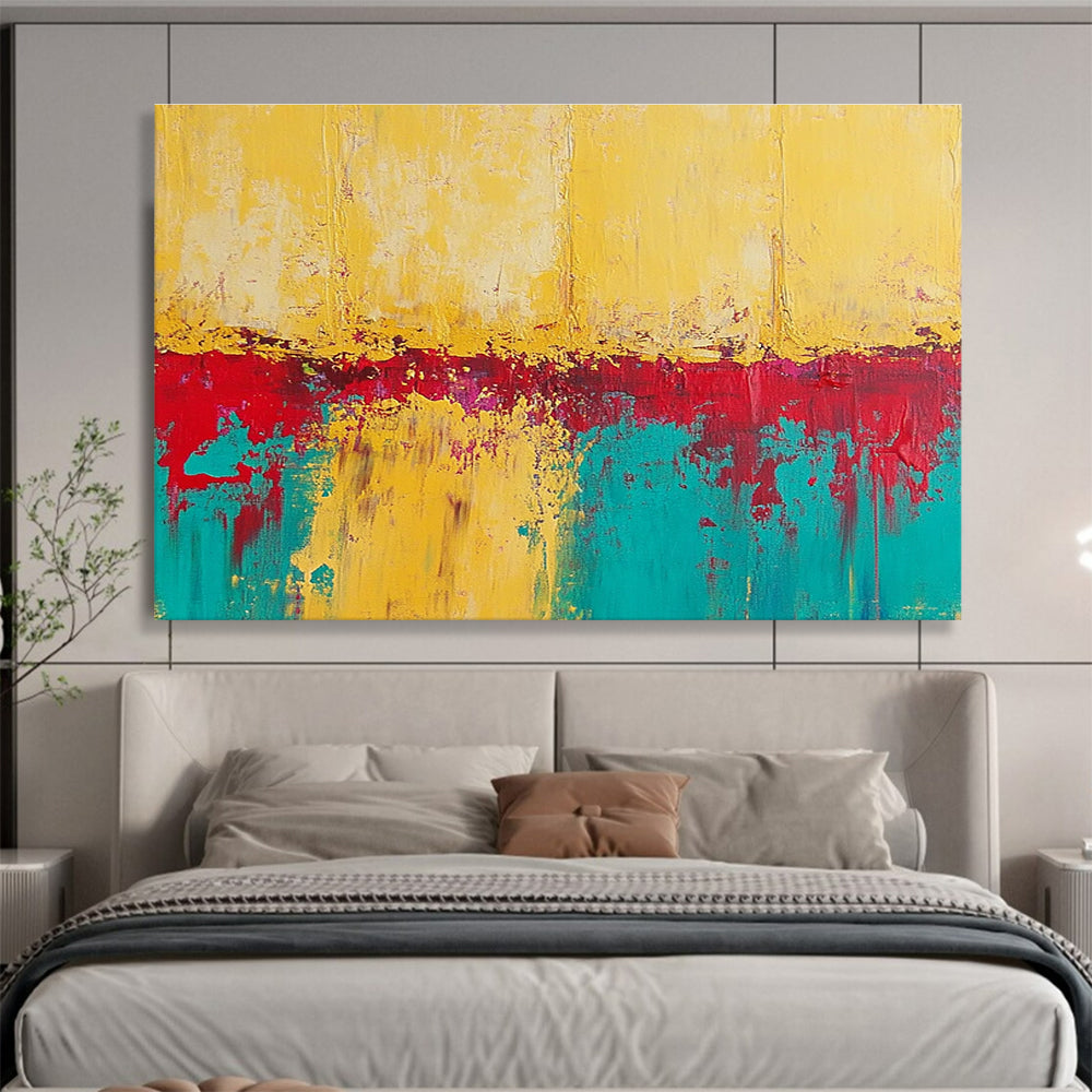 Large abstract painting featuring textured yellow sand with teal and red accents creating a vivid and captivating visual experience.SC269