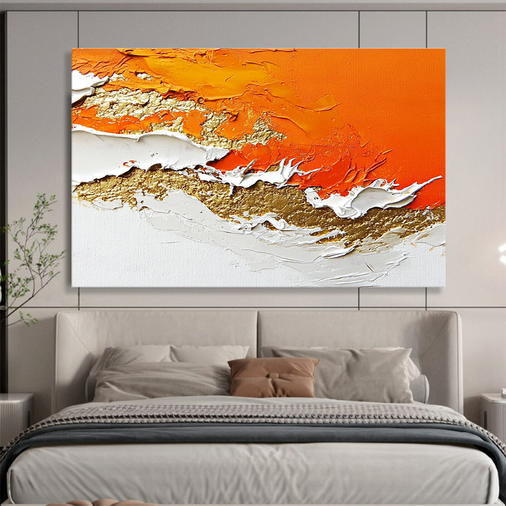 A large abstract painting with layers of orange and white enhanced by gold details and rich texture.SC325